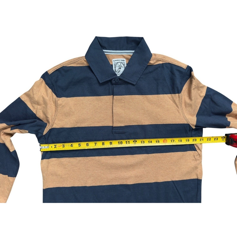 Lands' End Men's Long Sleeve Stripe Rugby Shirt French Navy Dijon Gold Size M - Picture 4 of 9